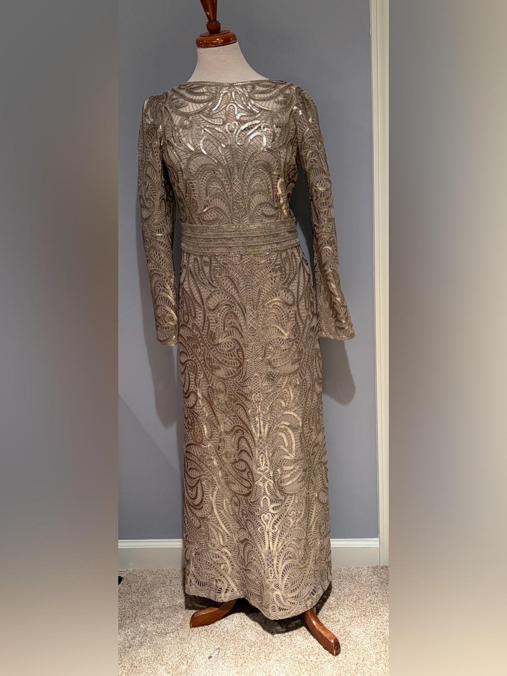 Tadashi Shoji Rose Gold Embellished Long-Sleeve Gown